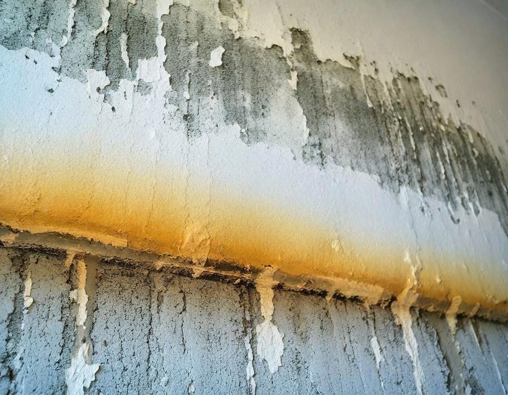 Textured wall showing water damage with rust and discolouration along a horizontal line.